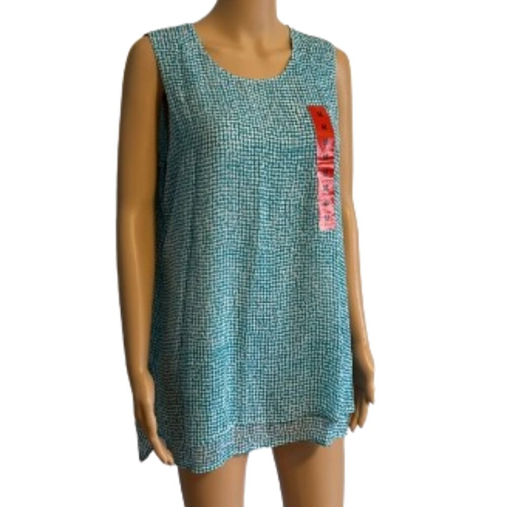 Fever Speckle Grid Sleeveless Asymmetrical Blouse Summer Top Medium Aqua D77